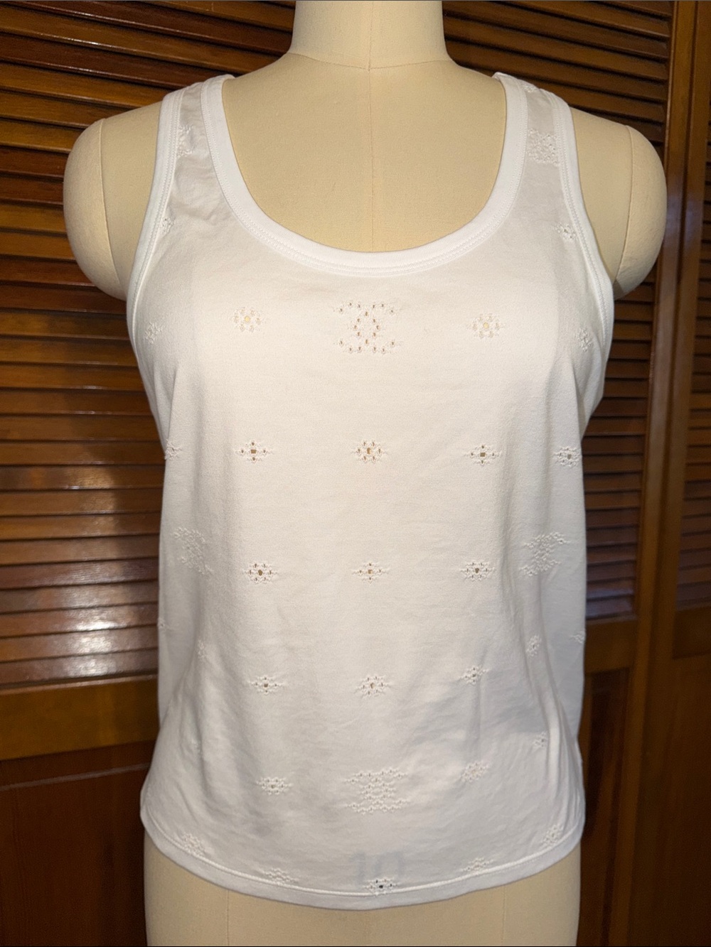 CHANEL White Cotton Eyelet Scoop Neck Tank